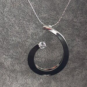 Silver-Tone Open Circle Pendant Necklace W/ Clear Crystal Accent On Chain Adjust